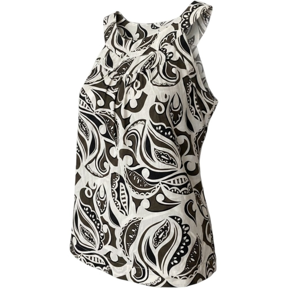 Banana Republic Brown‎ White Paisley Cotton Sleeveless Pleated Neck Blouse Small